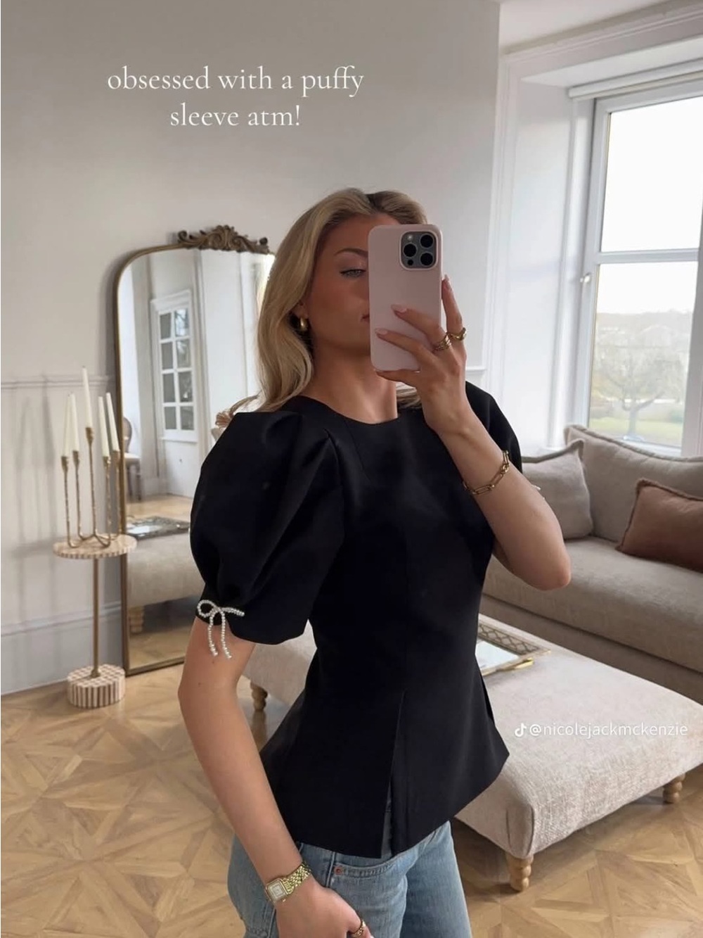 Zara Black Puff-Sleeve Peplum Top with Pearl Tie Detail